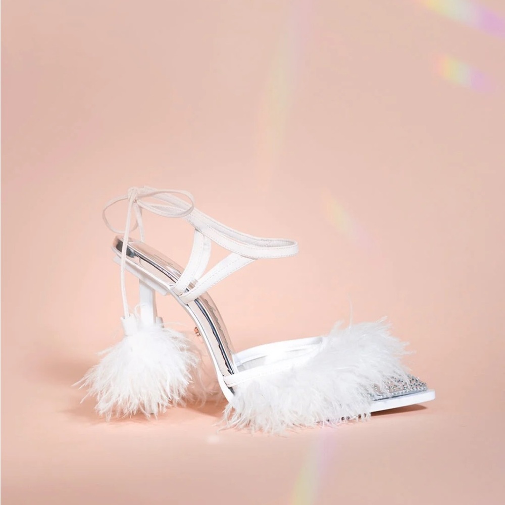 NWOT She is Cheval High Heel Pumps with Feather Accents and Ankle Tie (Sz 6)